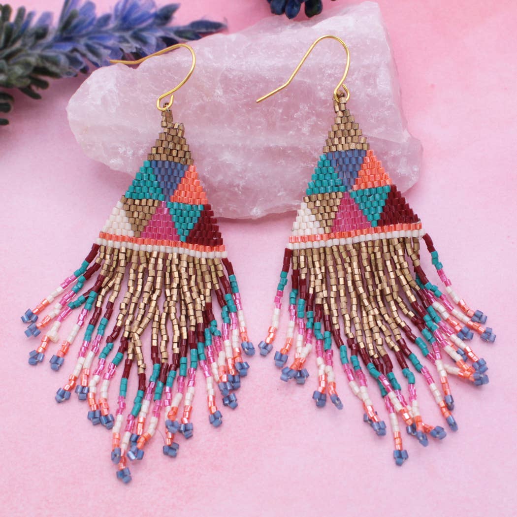 Fringe Beaded Triangle Earrings