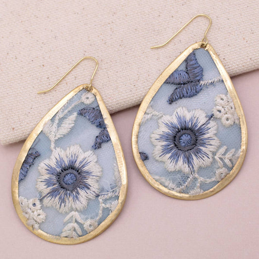 Blue Floral Embroidered Earrings
