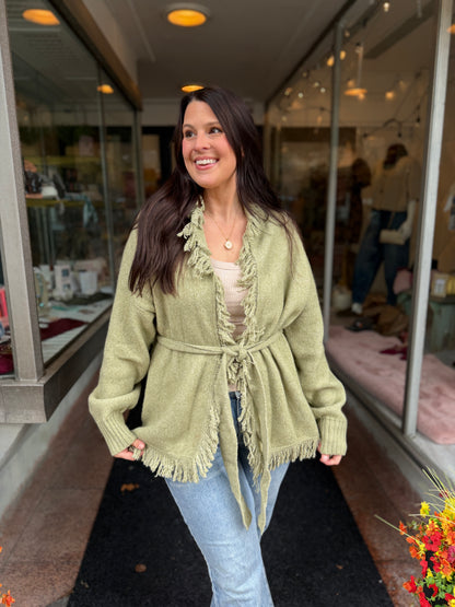 Olive Fall Fringe Cardigan