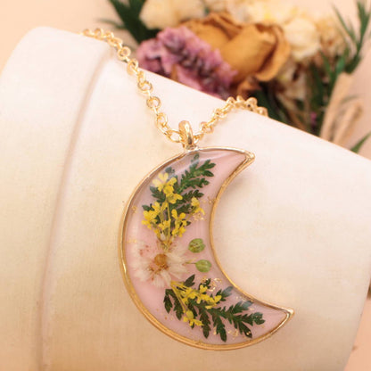 Pink Moon Dried Flower Gold Necklace