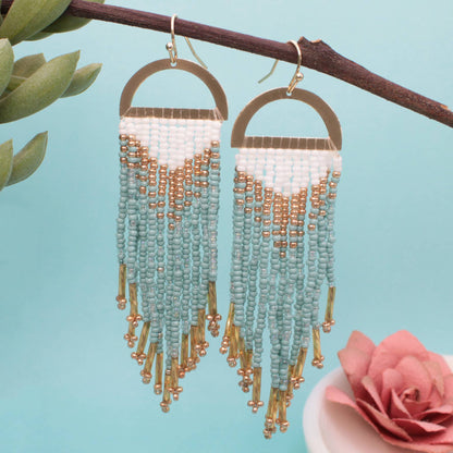 Gold Mint Beaded Fringe Earrings