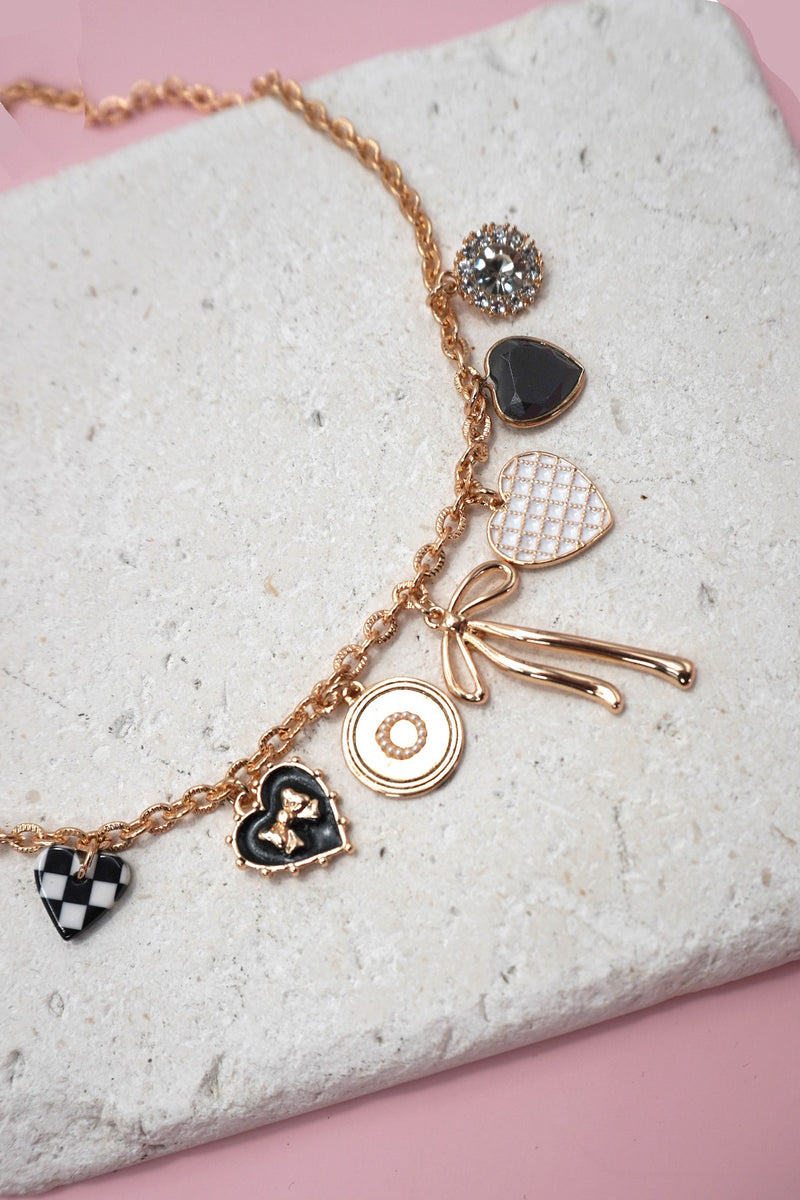 Bow Heart Rhinestone Charm Necklace
