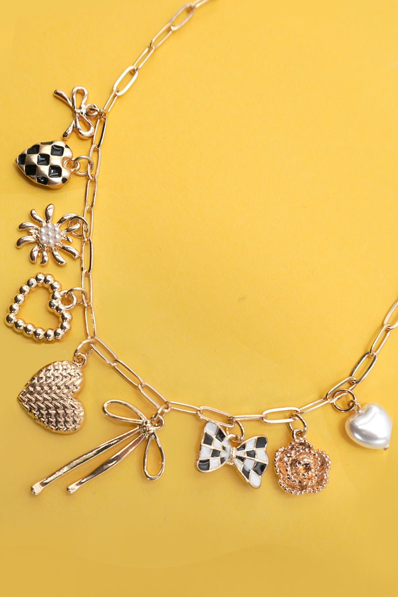 Checker Heart, Bow, Flower Charm Necklace