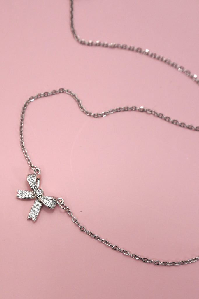 Silver Bow Rhinestone Necklace