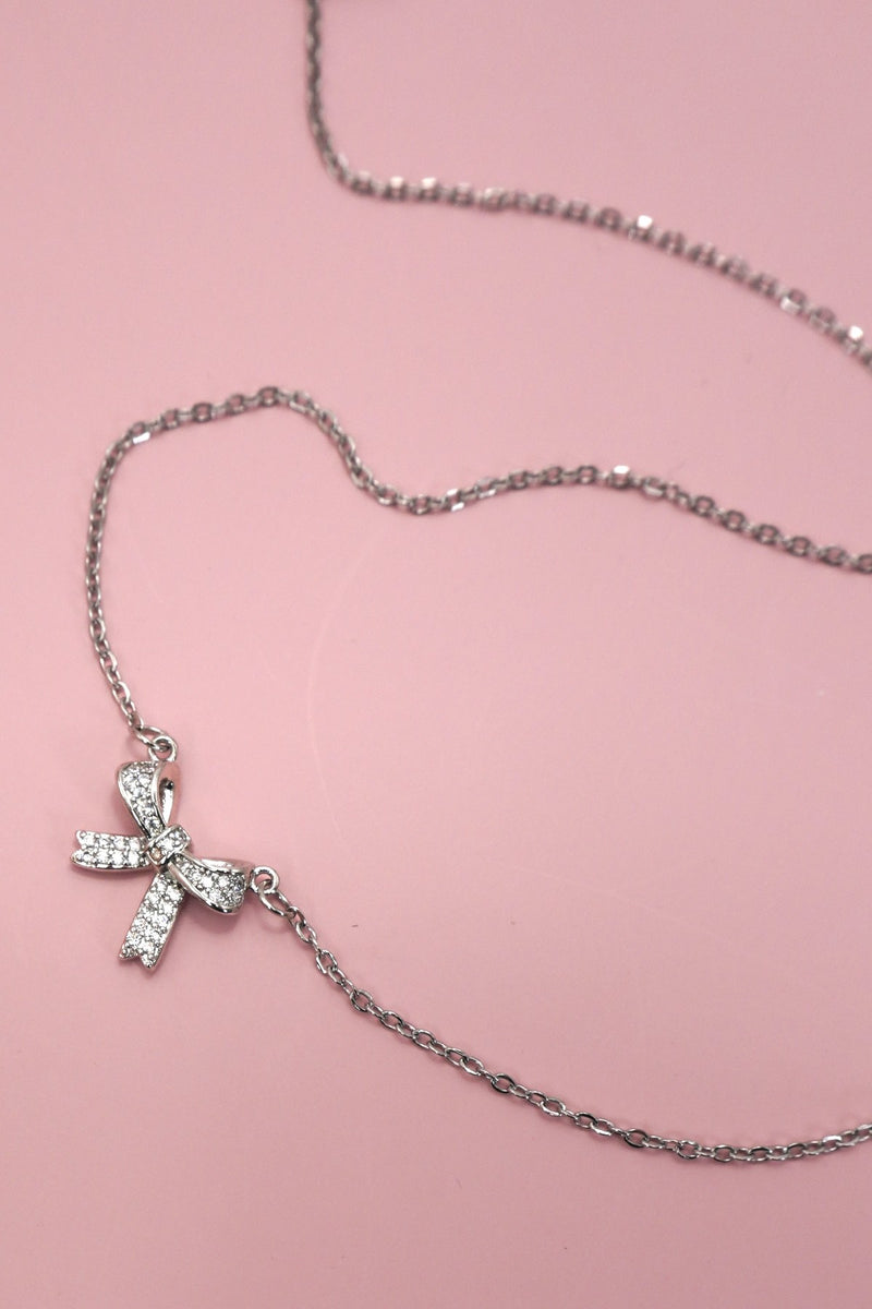 Silver Bow Rhinestone Necklace