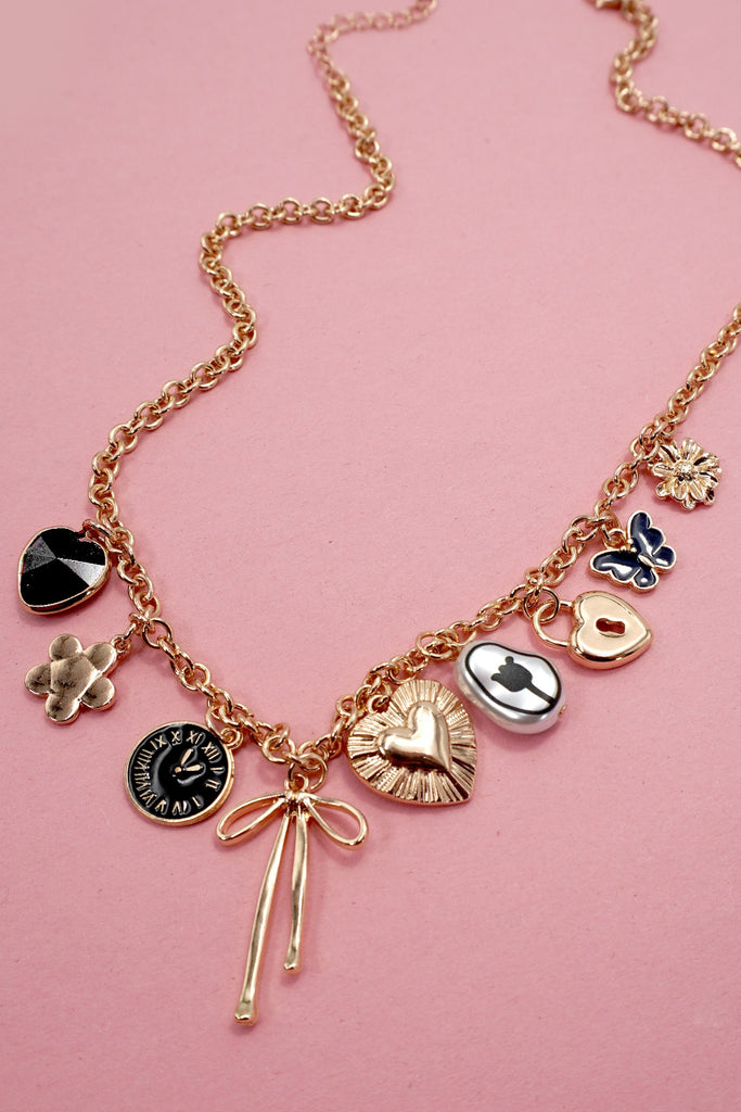 Clock & Bow Charm Necklace
