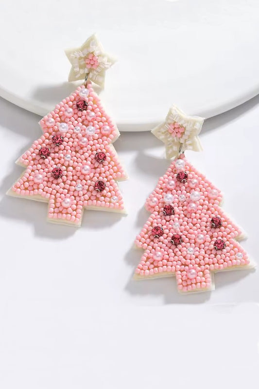 Pink Beaded Xmas Tree Earrings