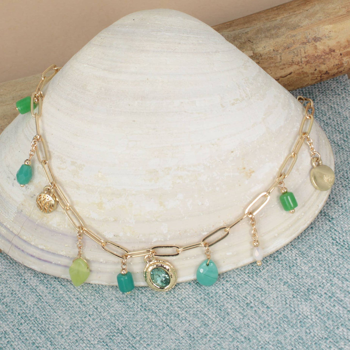 Emerald Radiance Green Bead Charm Gold Necklace