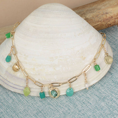 Emerald Radiance Green Bead Charm Gold Necklace
