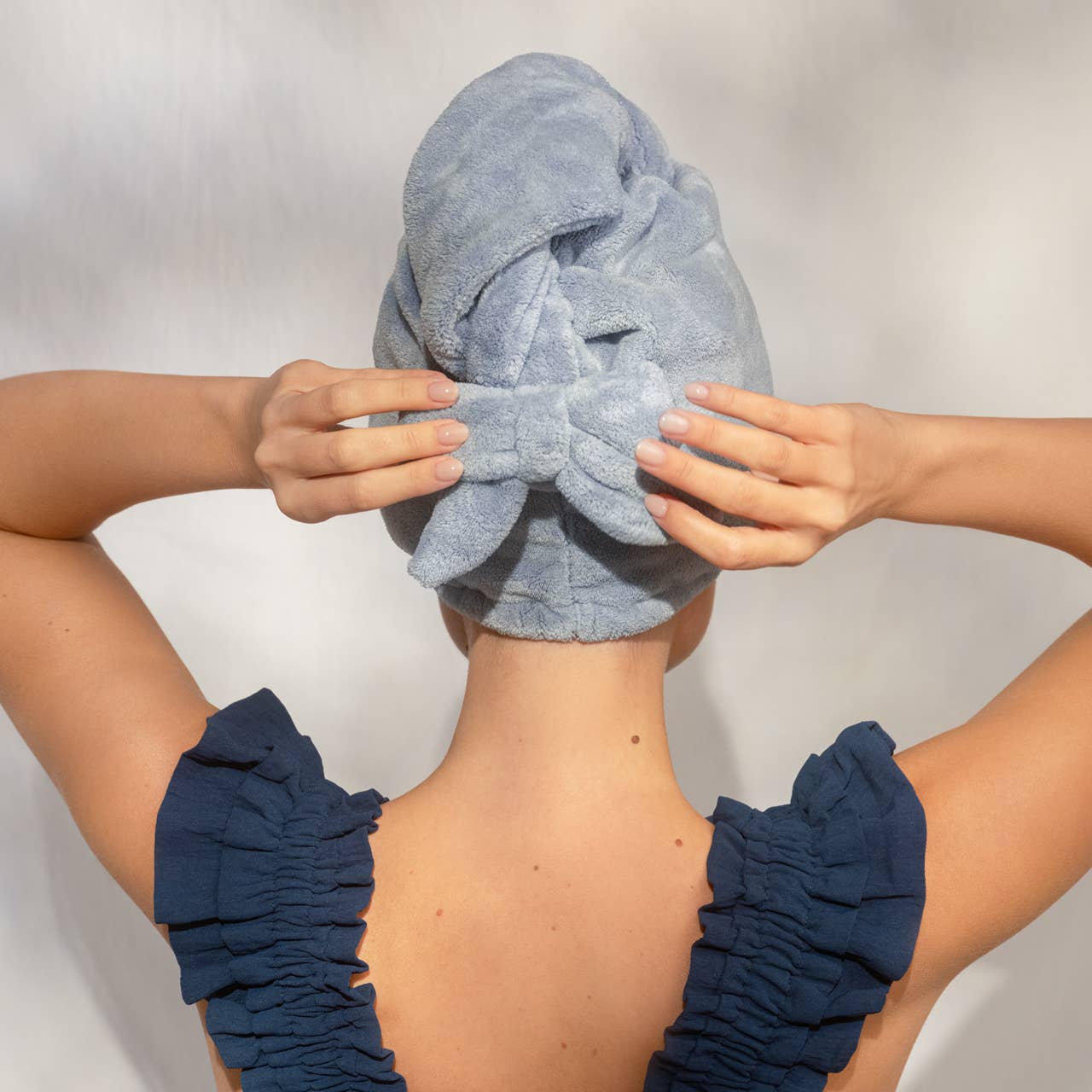 Blue Plush Hair Towel Turban with Bow