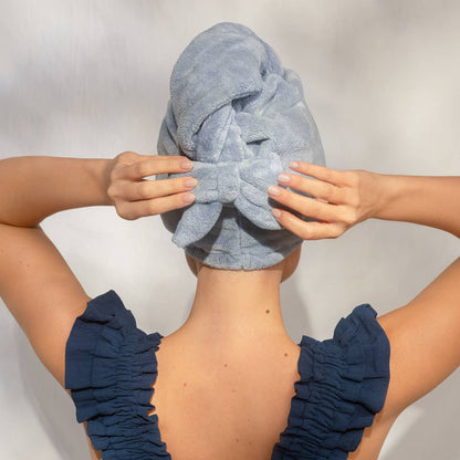 Blue Plush Hair Towel Turban with Bow