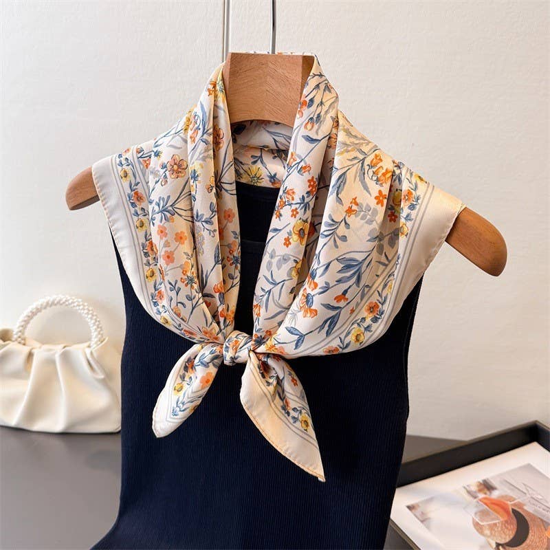 Beige Floral Silk Bandana Scarf