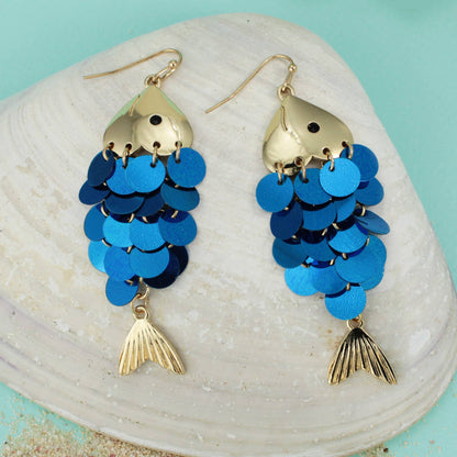 Blue Sequins Gold Fish Earrings