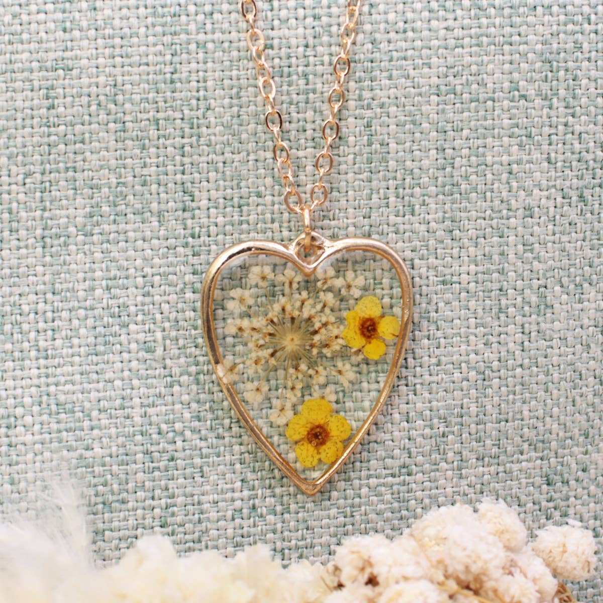 Yellow Dried Flower Gold Heart Necklace