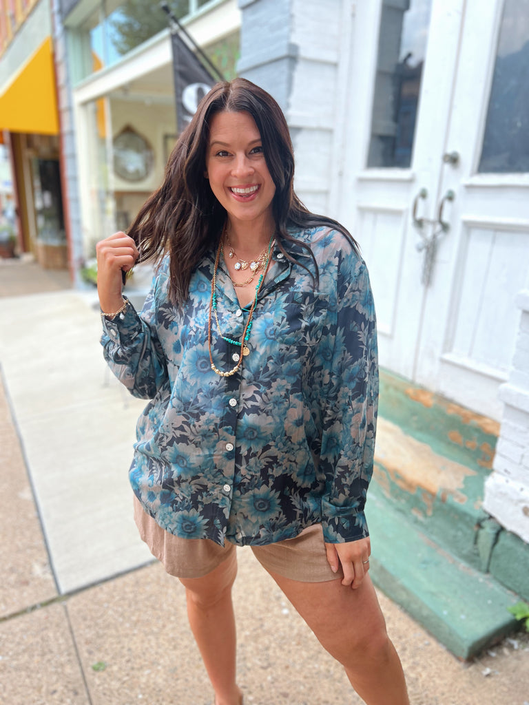 Navy Petals Button Down