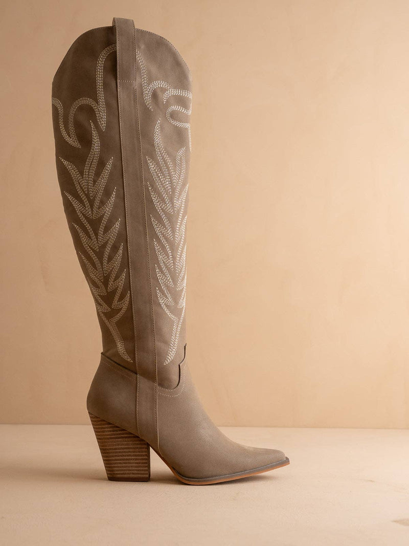 The Bronco | Dark Taupe Knee High Embroidered Cowboy Boot