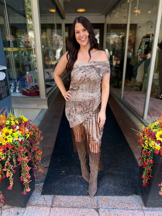 Showgirl Off Shoulder Aztec Fringe Dress