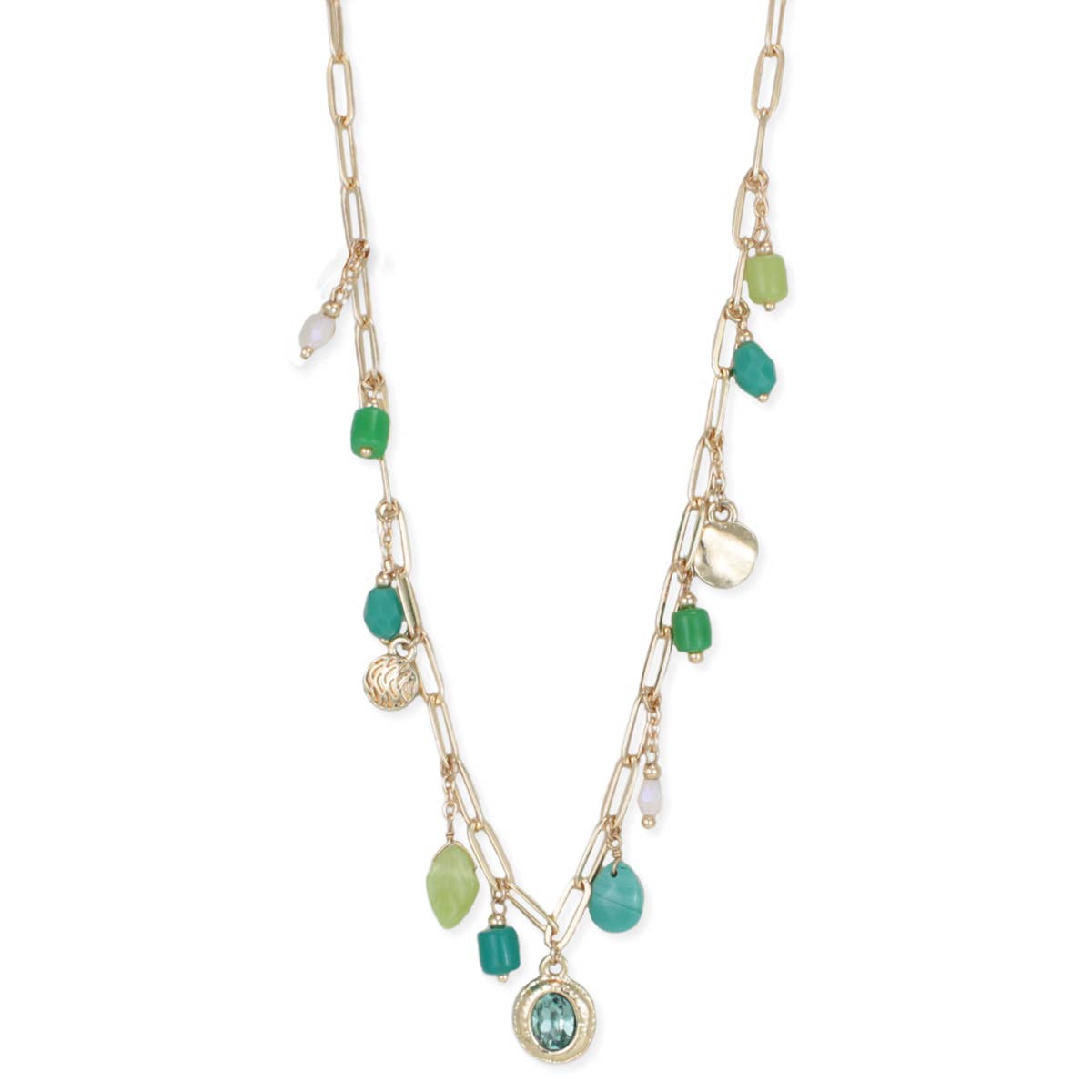 Emerald Radiance Green Bead Charm Gold Necklace