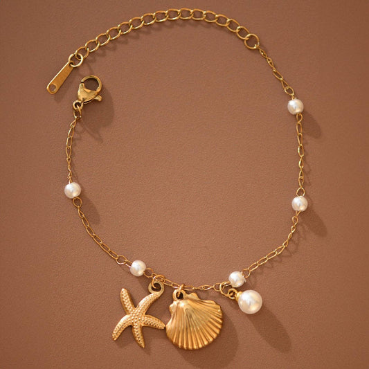 Starfish, Seashell, Pearl Gold Necklace