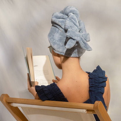 Blue Plush Hair Towel Turban with Bow