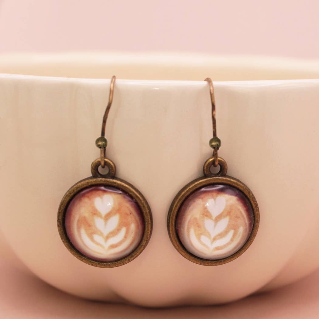 Coffee Time Latte Art Print Gold Earrings