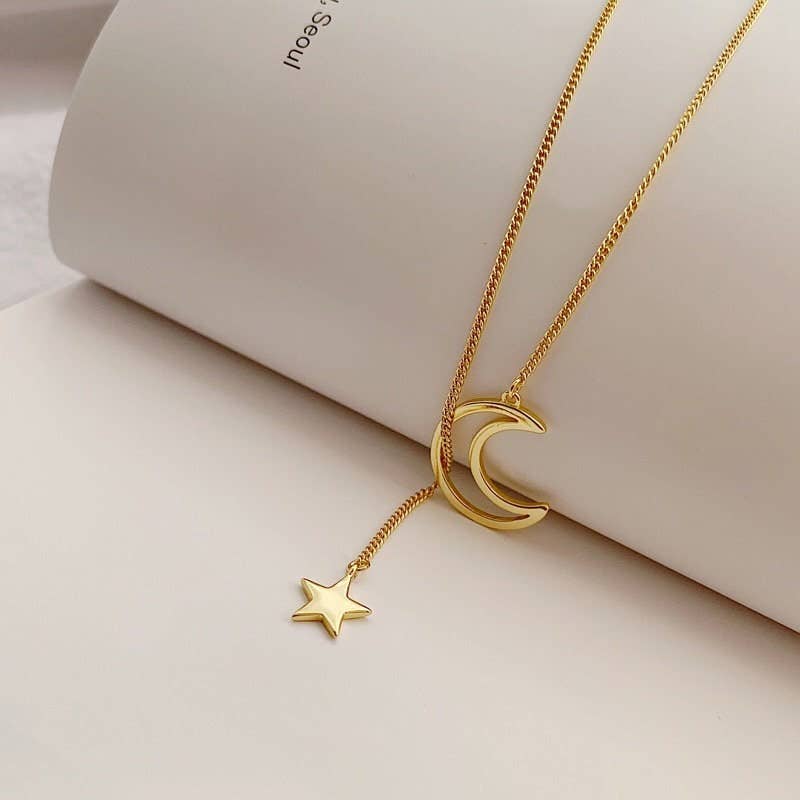 Moon & Star Charm Lariat Necklace