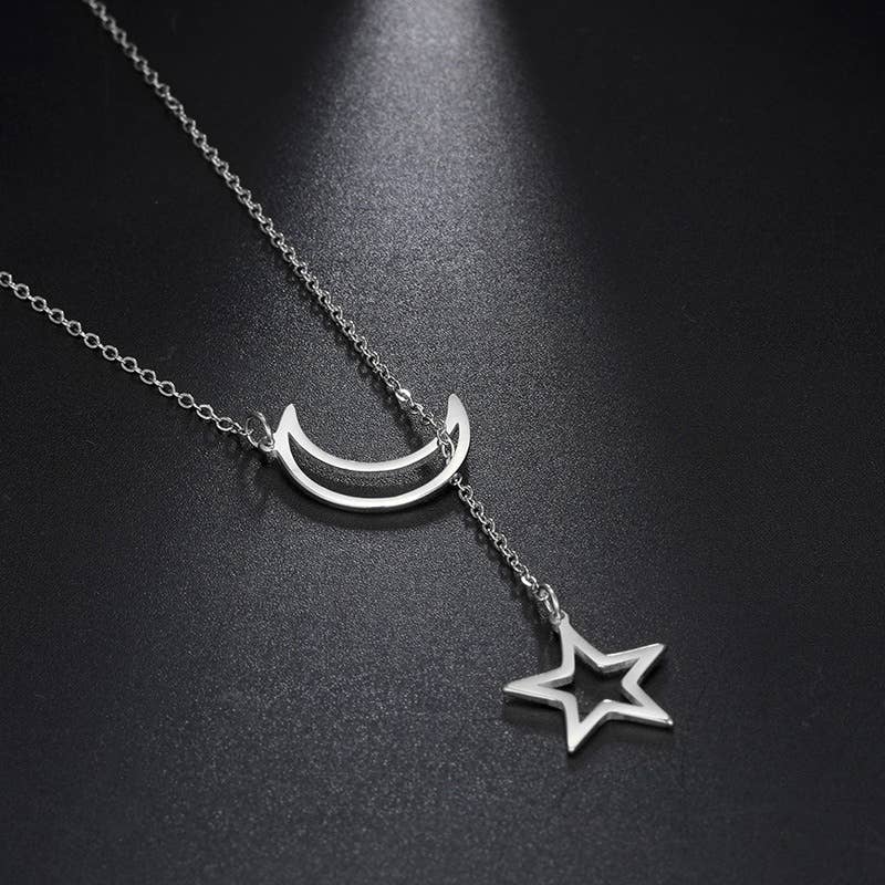Moon & Star Charm Lariat Necklace