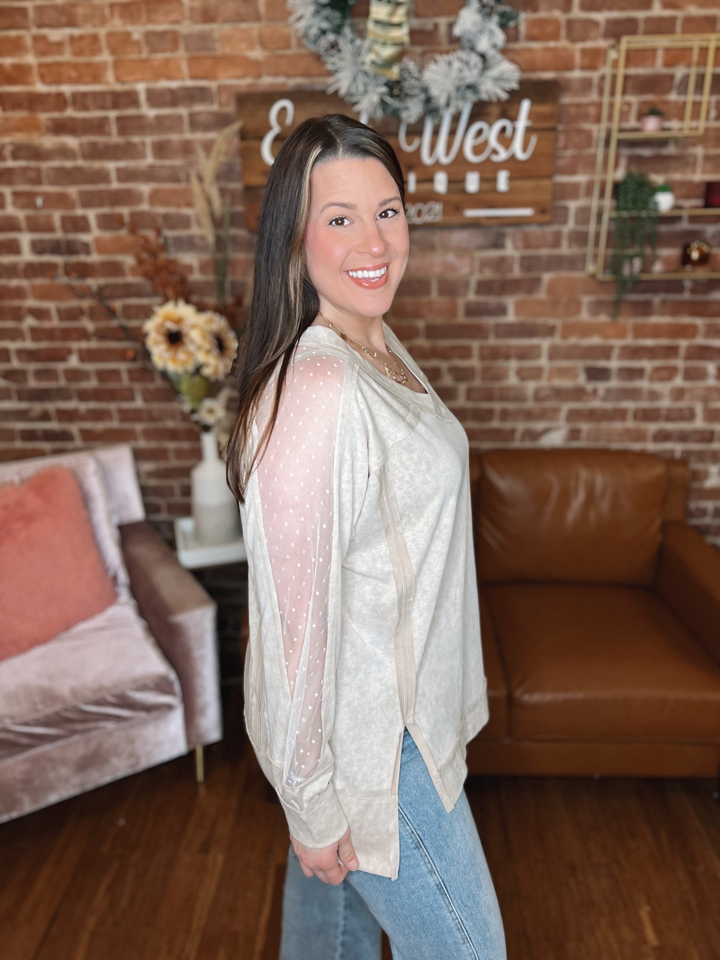 WB Sand Sheer Sleeve Top
