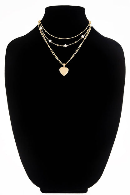 Layered Pearl & Heart Charm Necklace Set