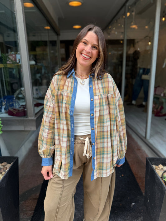 Mixed Plaid Oversized Button-Down Shirt