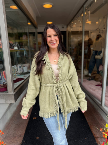 Olive Fall Fringe Cardigan