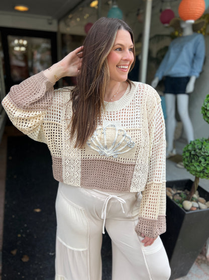 Shell Patch Open Knit Sweater