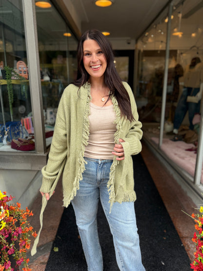 Olive Fall Fringe Cardigan