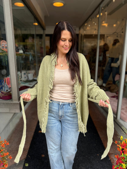 Olive Fall Fringe Cardigan