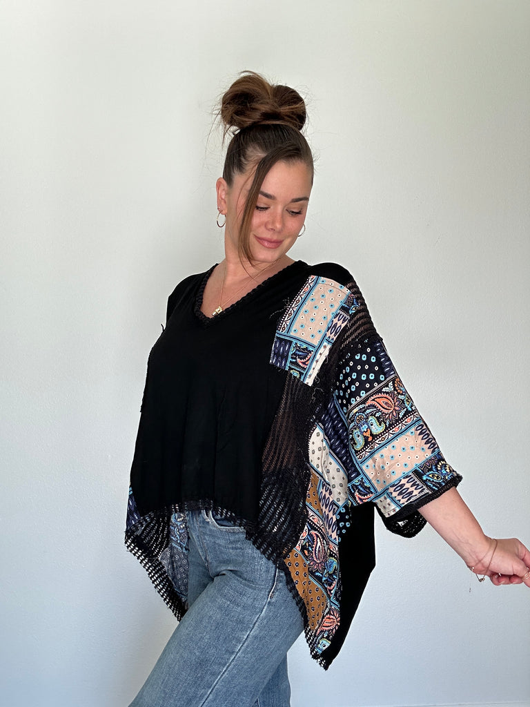 Pol Black Poncho Paisley Top Preorder