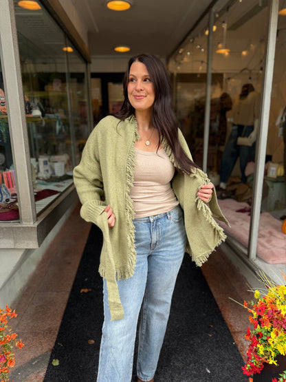 Olive Fall Fringe Cardigan