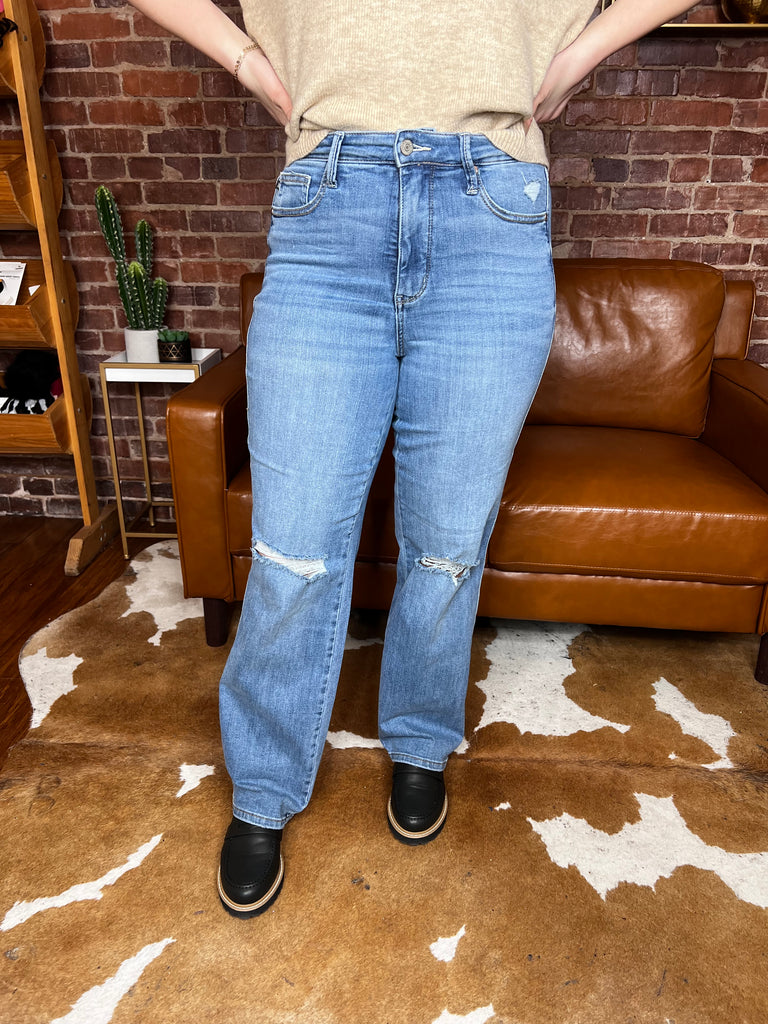Judy Blue Destroyed Knee Straight Jeans- Tummy Control