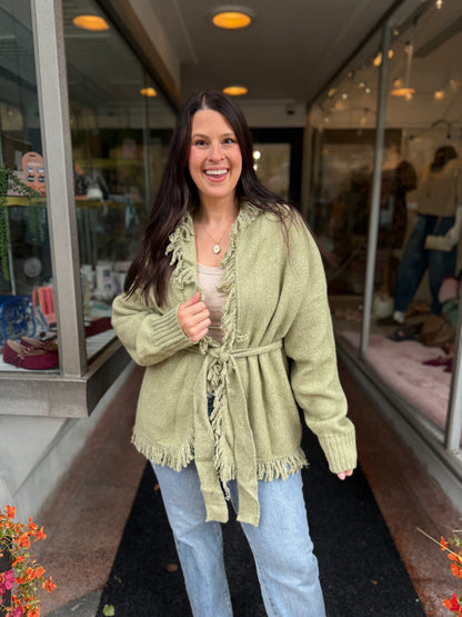 Olive Fall Fringe Cardigan