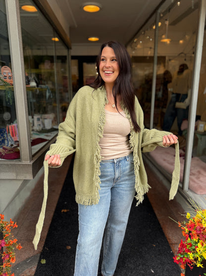 Olive Fall Fringe Cardigan