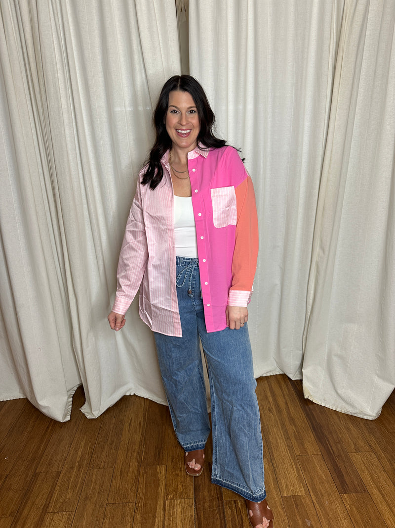 WB Pink Color Block Button-Up