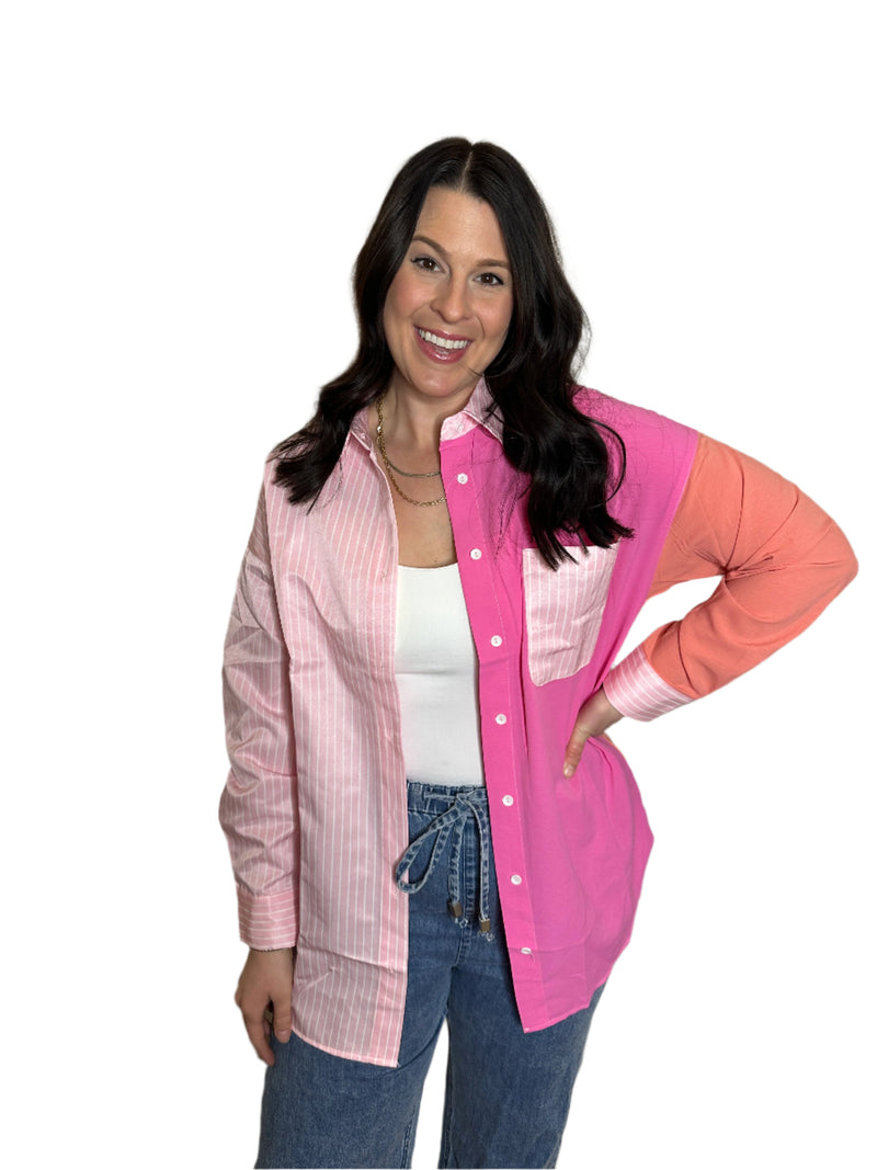 WB Pink Color Block Button-Up