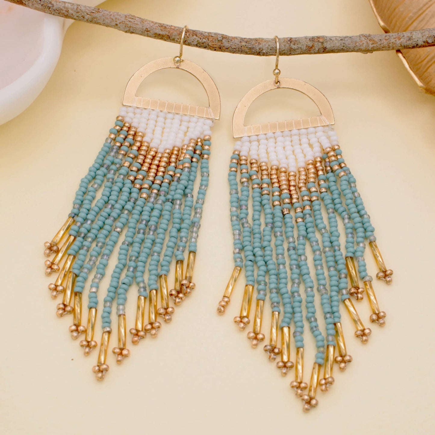 Gold Mint Beaded Fringe Earrings