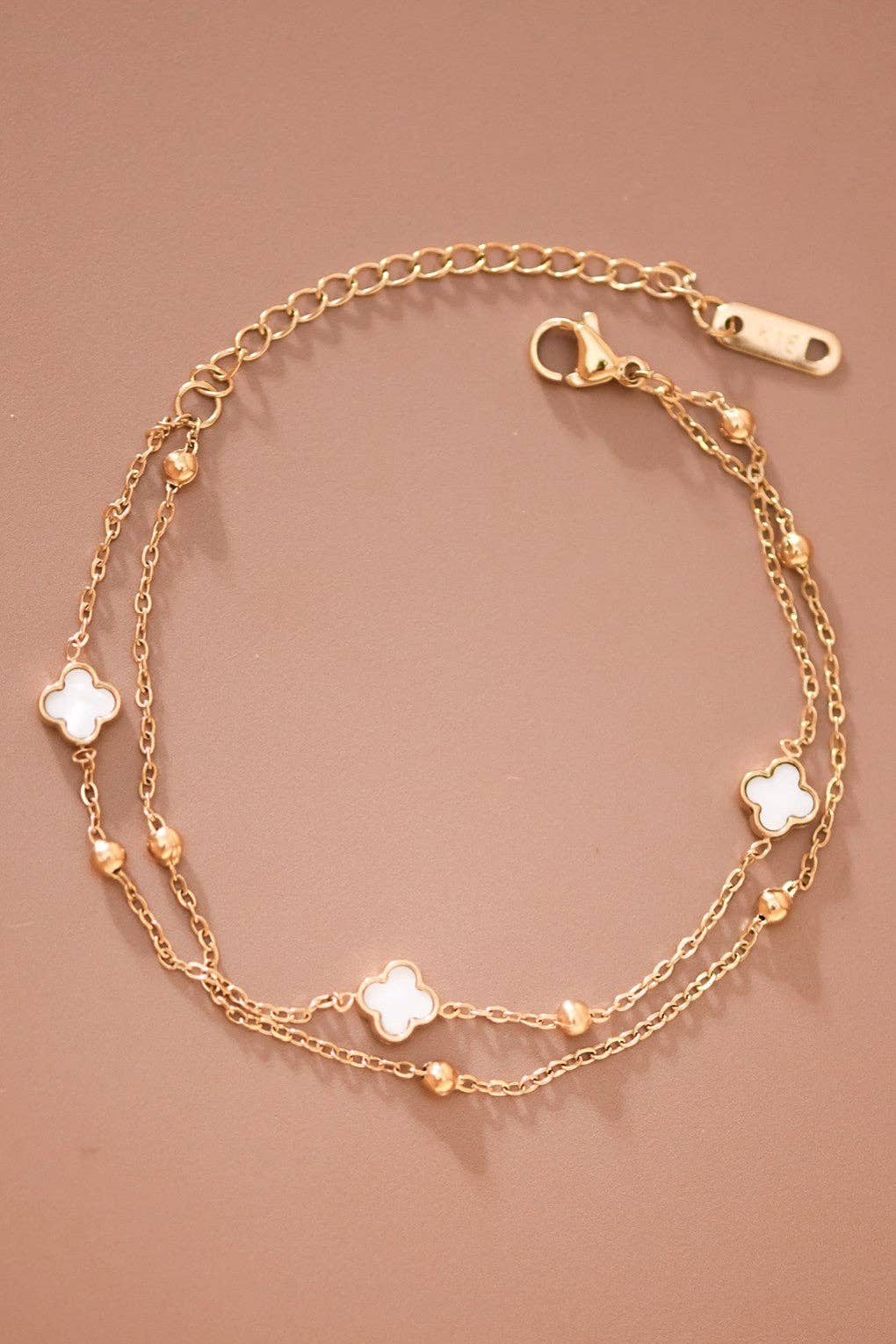 White Quatrefoil Gold Chain Bracelet
