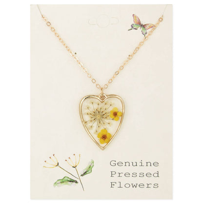 Yellow Dried Flower Gold Heart Necklace