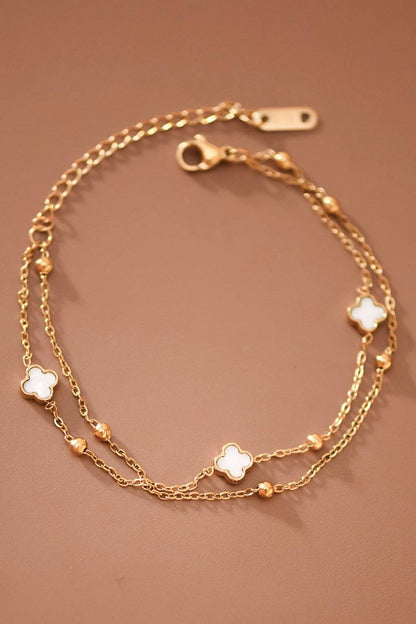 White Quatrefoil Gold Chain Bracelet
