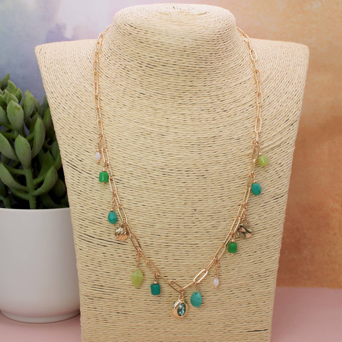 Emerald Radiance Green Bead Charm Gold Necklace