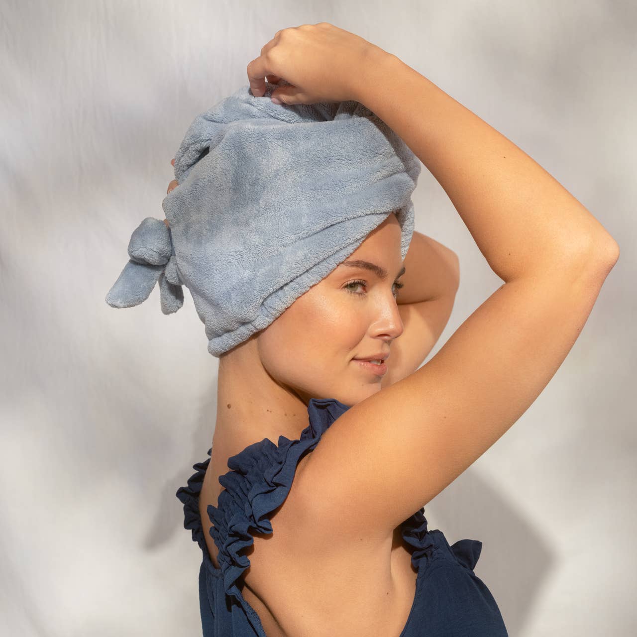 Blue Plush Hair Towel Turban with Bow