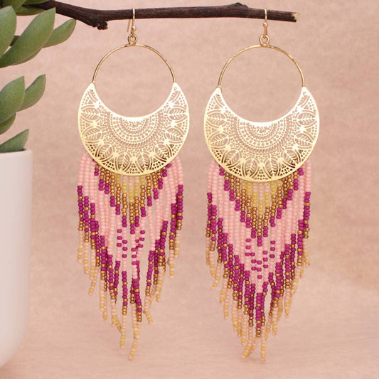 Filigree Crescent Bead Fringe Earrings
