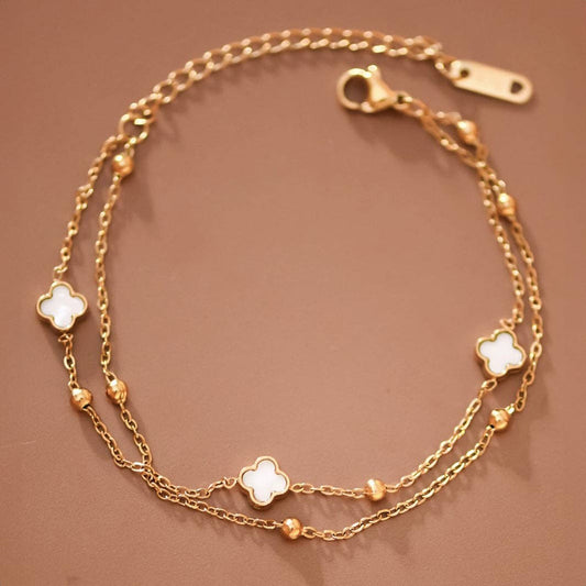 White Quatrefoil Gold Chain Bracelet