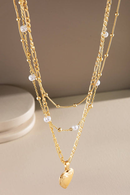 Layered Pearl & Heart Charm Necklace Set